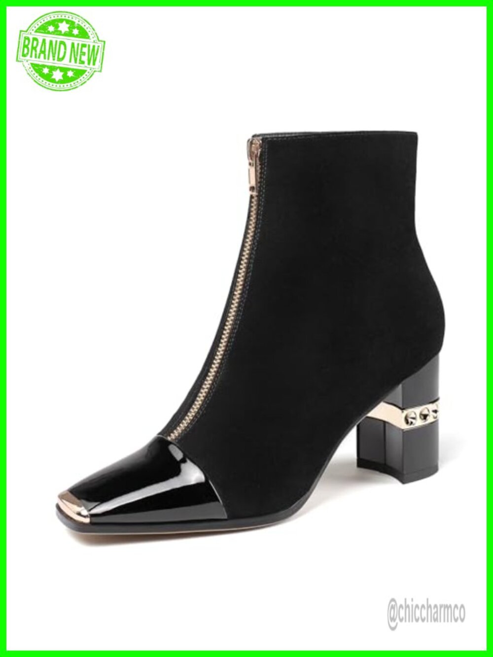 Women's Suede Ankle Boots Block Chunky Heel Square Toe Zip Booties